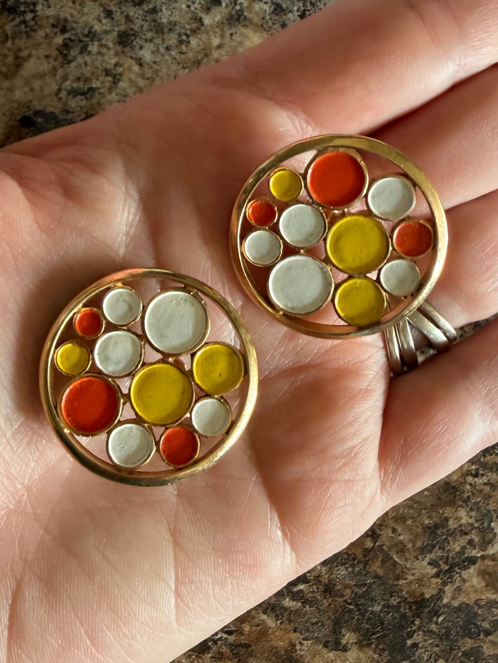 Signed Trifari 60s Vintage Gold Clip on Earrings Orange and Yellow